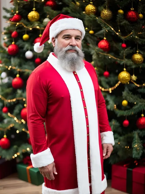 Captura ultrarrealista, Altamente detallado,. La textura de la piel debe ser natural,Take a photo dressed as Santa Claus.,vestido rojo y sombrero, con vestido rojo,Brazos expuestos