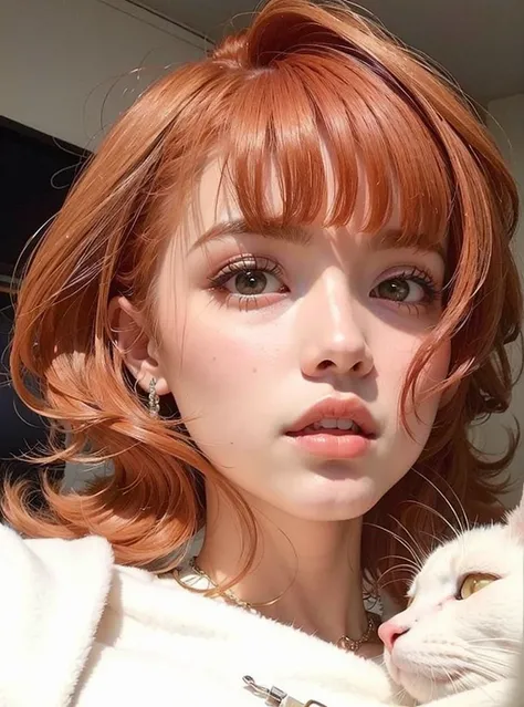 Araffe with red hair and a white cat in his arms, O corte Hime, Lalisa Manobal, cabelo castanho coral, neat hair com franja, Lalisa Manoban do Blackpink, franja fofa, com franja completa, Dom Yunjoo, red hair and attractive features, with short hair com fr...