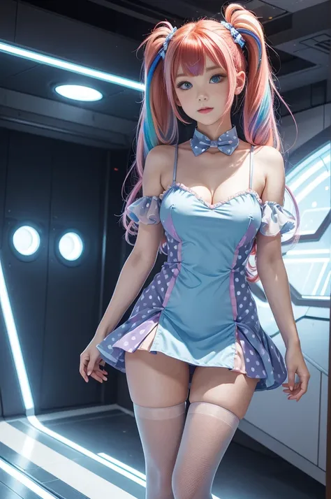 Cute redhead, gravure Idol, with rainbow colored hair tips, ribbons in her hair, 18-year-old woman, happy, in twin tails, perfect symmetrical eyes, clear sparkling blue eyes, pale skin, silky smooth skin, standing on a fancy luxurious space ship, large fut...