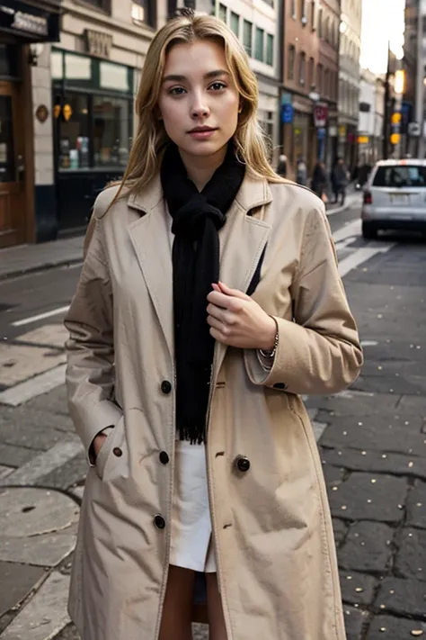 beautiful blonde girl in a city wearing a coat