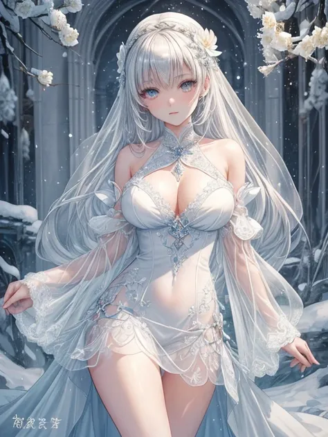 Paradise in Heaven, White lighting,(masutepiece), (Best Quality), (Cinematic), 8K, (art  stations), Li Yue painting style.(長いWhite hairとSilvery eyesを持つ1人の女), (Beautiful delicate face)、[ Particle Lou Full Moon] [Frozen trees々] [landscape crystal] [Lighting]...