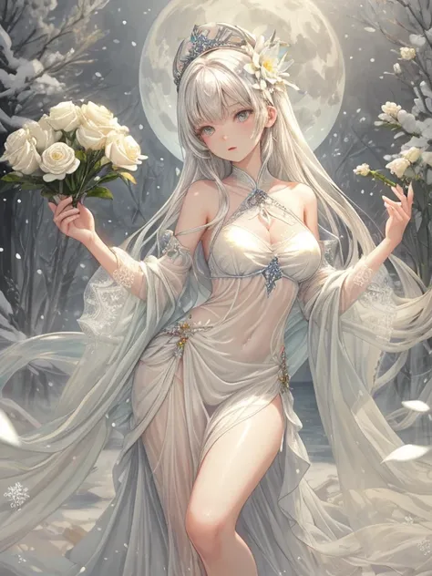 Paradise in Heaven, White lighting,(masutepiece), (Best Quality), (Cinematic), 8K, (art  stations), Li Yue painting style.(長いWhite hairとSilvery eyesを持つ1人の女), (Beautiful delicate face)、[ Particle Lou Full Moon] [Frozen trees々] [landscape crystal] [Lighting]...