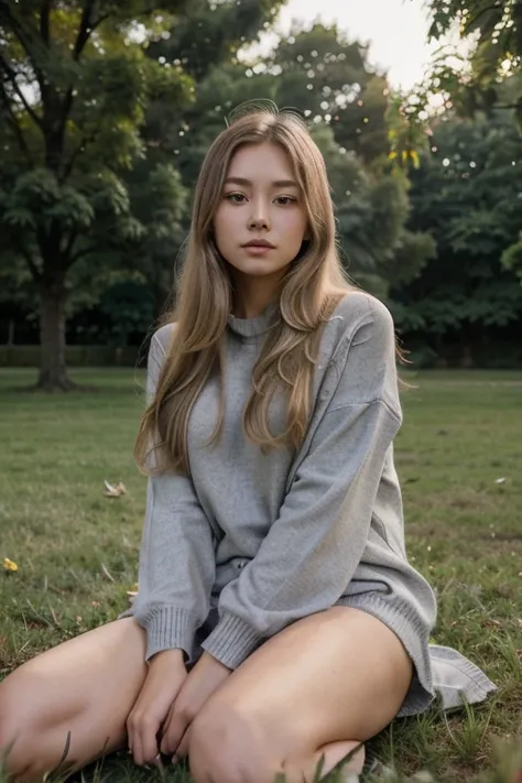 21 year old girl, asian, beautiful, cute, ultrarealistic, medium long hair, blond hair, high quality, butterfly cut, grey sweater, sitting on grass,