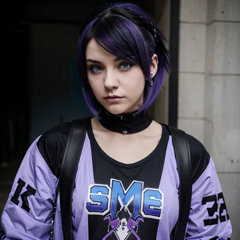 Emo  punk woman light blue eyes  black and purple hair Emo  punk outfit