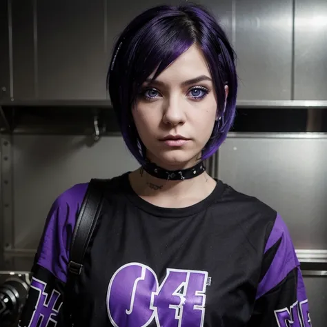 Emo  punk woman light blue eyes  black and purple hair Emo  punk outfit