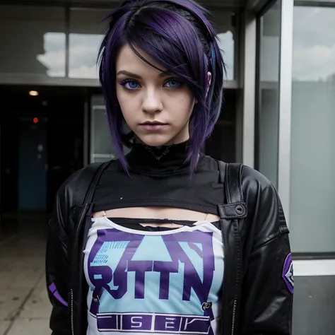 Emo  punk woman light blue eyes  black and purple hair Emo  punk outfit