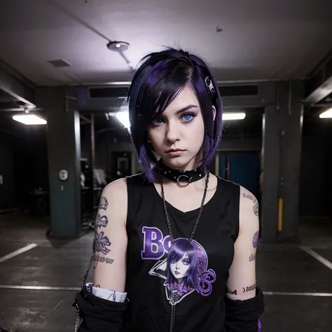 Emo  punk woman light blue eyes  black and purple hair Emo  punk outfit