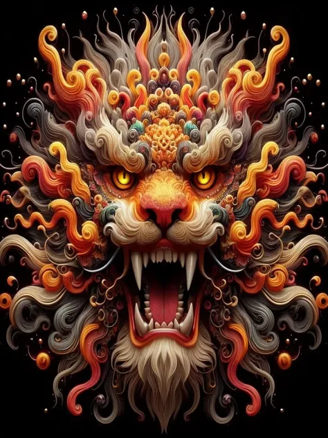 a close up of a colorful lion head with a black background, hyper detailed digital art, intricate digital painting, elaborate digital art, amazing detail digital art, highly detailed digital art, intricate digital artwork, extremely detailed digital art, v...