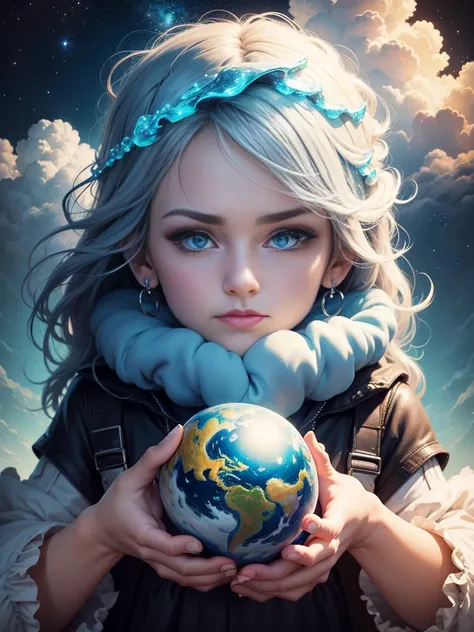 top of a planet surrounded by clouds, digital art, inspired by Cyril Rolando, digital art, psychedelic fractals, parallax of the universe, celestial bodies, frost-style, holding the earth, whistling, Jeremiah Ketner, orbital rings, a144 x 144, color ", tri...