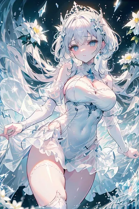 Paradise in Heaven, White lighting,(masutepiece), (Best Quality), (Cinematic), 8K, (art  stations), Li Yue painting style.(長いWhite hairとSilvery eyesを持つ1人の女), (Beautiful delicate face)、[ Particle Lou Full Moon] [Frozen trees々] [landscape crystal] [Lighting]...