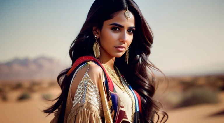 fking_scifi, fking_scifi_v2, portrait of a young, seductive, extremely beautiful and attractive Arabic woman, in front of a city in the desert, long messy hair, rich colorful clothes and golden jewelry, close up, regal pose and attitude. fking_cinem2.