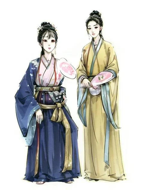 Drawing of two people in traditional clothes standing side by side, Wearing ancient Chinese clothes, yiqiang and shurakrgt, wears a long robe, TRADITIONAL CHINESE COSTUMES, Ren Xun and Maruyama Okyo, inspired by Guan Daosheng, Match with ancient Chinese co...