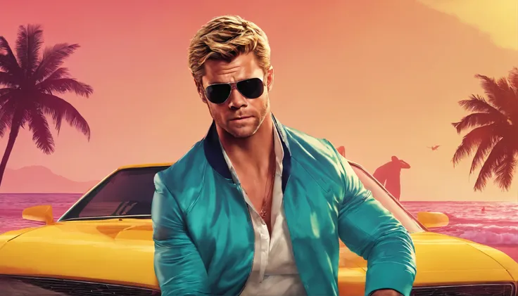 A photorealistic portrait of Chris Hemsworth, styled in a Miami Vice-inspired look, captured by Austin English in his signature minimalist style. Hemsworth wears a cobalt white button-down shirt and matching bomber jacket, the color echoing the Miami sky b...