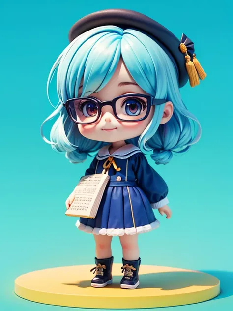 blue background color、A slight smil、Black-rimmed glasses、short legs、graduate school blue clothes、blue hairs、Dr、master&#39;s degree hat on head、literature book in hand、Little doll、Cute Pose、cute 3d render、Cute 3D anime girl rendering、cute detailed digital a...