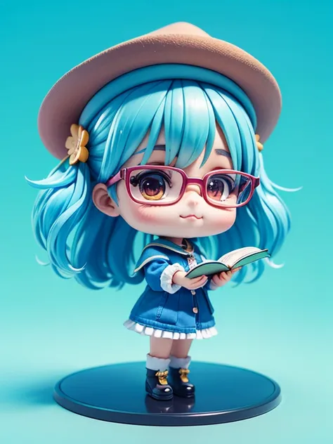 blue background color、A slight smil、Black-rimmed glasses、short legs、graduate school blue clothes、blue hairs、Dr、master&#39;s degree hat on head、literature book in hand、Little doll、Cute Pose、cute 3d render、Cute 3D anime girl rendering、cute detailed digital a...