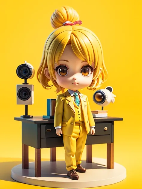 yellow background color、court、short legs、yellow teacher clothes、reissue trousers、(men&#39;s suit wearing yellow:1.5)、Arms crossed、brown desk yellow hair、Little doll、cute 3d render、Cute 3D anime girl rendering、cute detailed digital art、Stylizing 3D Renderin...