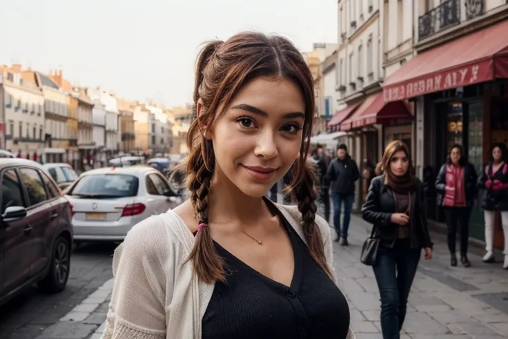 une femme aux cheveux bruns ,:: ,:: madison beer, streaming, pigtail, Photorealistic - H 6 4 0, 🎀 🍓 🧚, tu vois, live2d, looks like Laura Barriales, —ar 16:9, Sam Nassour, 5 0 s, incroyablement mignon,plan de la tête au pied , sourcils droits, avec un grand...