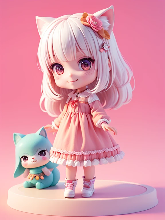 pink background color、A slight smil、short legs、Pink dress、pink bob hair、White hair ornament、Holding a cat、Little doll、cute 3d render、Cute 3D anime girl rendering、cute detailed digital art、Stylizing 3D Rendering、3D rendered character art 8k、cute digital pai...