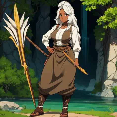 7ft African American amazonian woman with long white hair and grey eyes. wearing black and brown islan clothes. holding a fish and a spear big breast and big hips