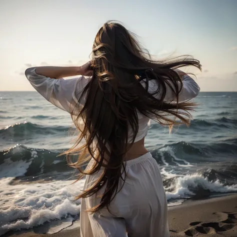 The broad back of a young woman facing the sea, flowing hair, Hair fluttering in the wind,