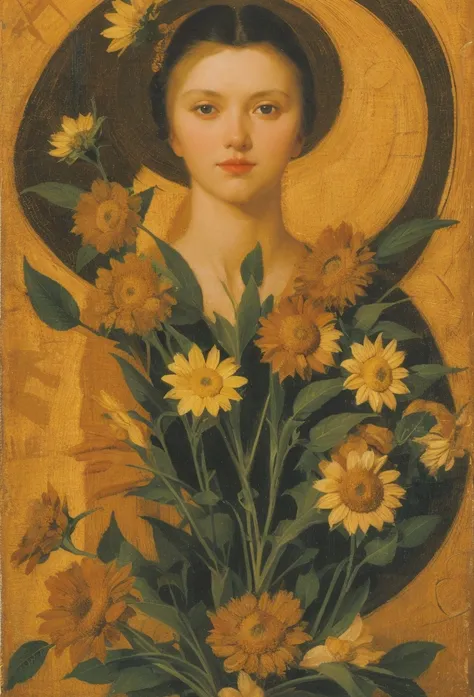 chiaroscuro technique on illustration of an elegant Stylized poster, Russian beauty, in sunflowers, (artist Andrey-Remnev), ((Best Quality, tmasterpiece)), Extreme detailing, 8K