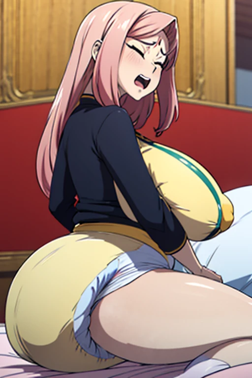 Anime woman enormous bloated expanding diaper, huge breast, gigantic butt,  sitting on a woman, in my bed, screaming, head tilted up, eyes closed, long pink hair, groping butt