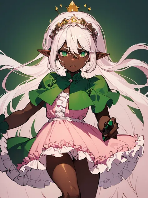 (((I want an elf girl with dark skin, long white hair and detailed green eyes, wearing a light pink dress with ruffles, a hurt expression while holding a crown)))