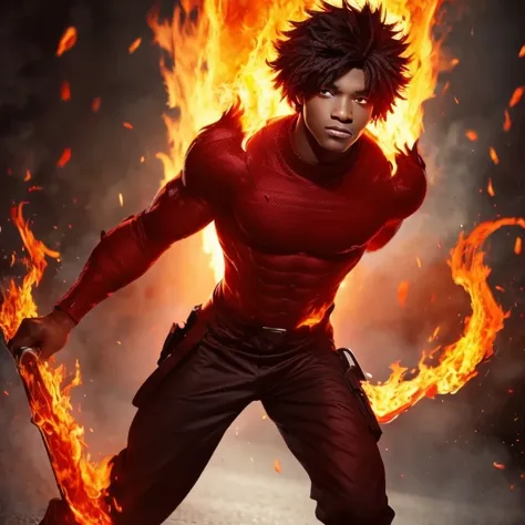 Black Male, Fit, Full Body, (Detailed), Crimson Hair and eyes, Flames, perfect face