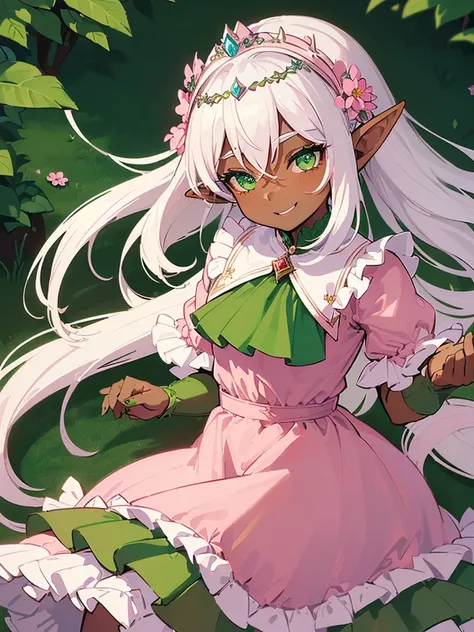 (((I want an elf girl with dark skin, long white hair and detailed green eyes, wearing a light pink dress with ruffles, a happy expression, With a floral tiara)))