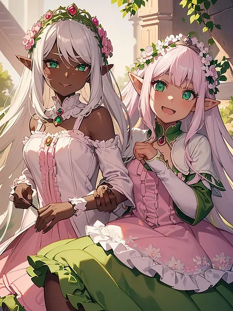 (((I want an elf girl with dark skin, long white hair and detailed green eyes, wearing a light pink dress with ruffles, a happy expression, With a floral tiara)))