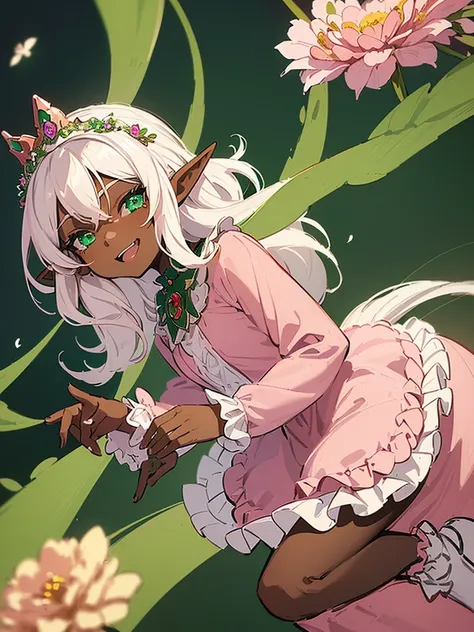 (((I want an elf girl with dark skin, long white hair and detailed green eyes, wearing a light pink dress with ruffles, a happy expression, With a floral tiara)))