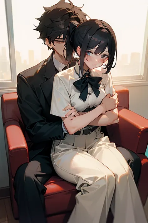 top-quality　tmasterpiece　Male and female couples　The girl sits in a chair，Wear tight skirts and shirts。The boys hugged each other from behind。Boy in high school trouser uniform，The hairstyle is cut for mashed potatoes。Without glasses、Revenge relationship