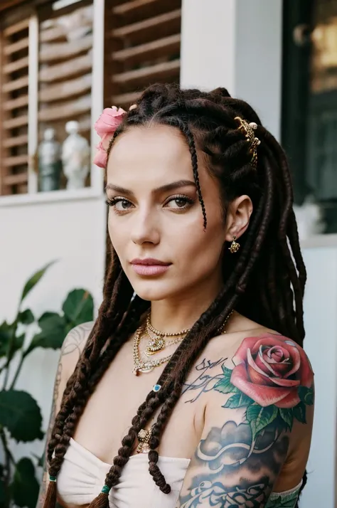 arafed woman with a rose tattoo on her arm and chest, hippie, dreadlocks, a tattoo inspired by Hedi Xandt, tumblr, massurrealism, anna nikonova aka newmilky, olga buzova, julia gorokhova, style of julia razumova, angelina stroganova, dasha taran, with tatt...