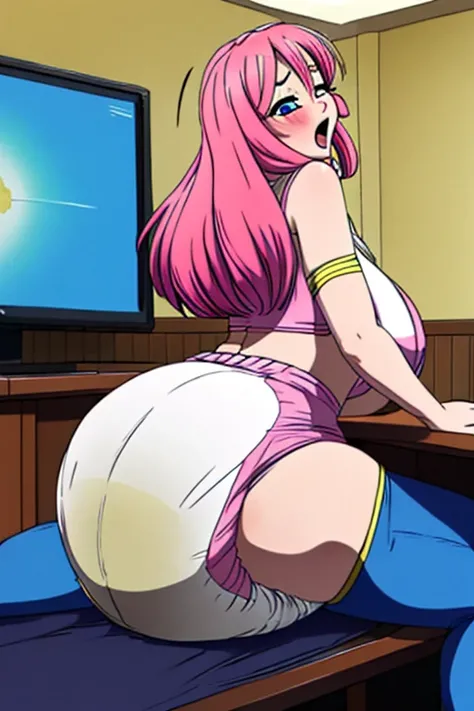 Anime woman enormous bloated expanding diaper, huge breast, gigantic butt,  sitting on another woman, in my bed, screaming, head tilted up, eyes closed, long pink hair, groping butt, diaper filling the screen