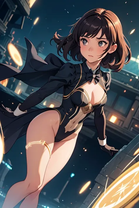 (masterpiece), best quality, highly detailed, detailed background, cinematic lighting, outdoor, 1girl, medium hair, medium breasts, leotard, bare legs, gloves, light particles. glow, magician, tuxedo, sparkling