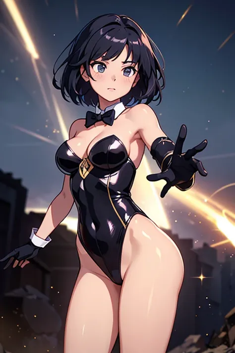 (masterpiece), best quality, highly detailed, detailed background, cinematic lighting, outdoor, 1girl, medium hair, medium breasts, leotard, bare legs, gloves, light particles. glow, magician, tuxedo, sparkling