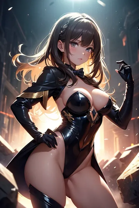 (masterpiece), best quality, highly detailed, detailed background, cinematic lighting, outdoor, 1girl, medium hair, medium breasts, leotard, bare legs, gloves, light particles. glow, magician, tuxedo, sparkling