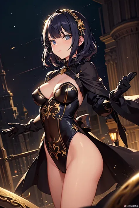 (masterpiece), best quality, highly detailed, detailed background, cinematic lighting, outdoor, 1girl, medium hair, medium breasts, leotard, bare legs, gloves, light particles. glow, magician, tuxedo, sparkling