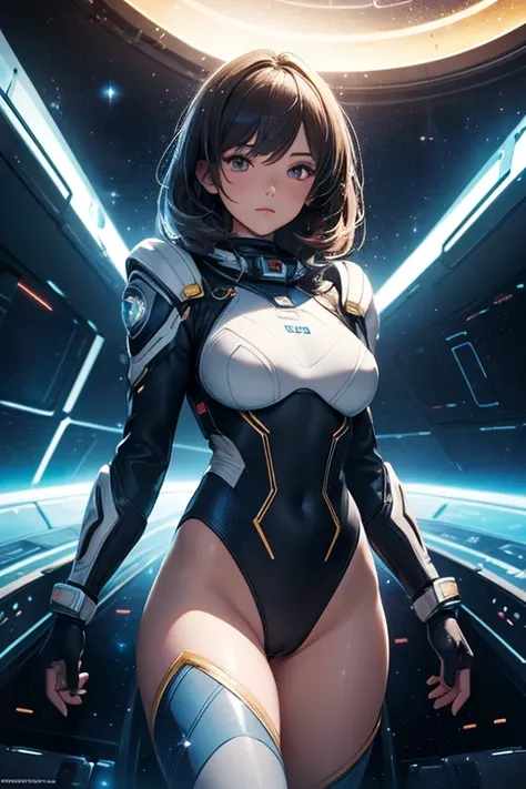 (masterpiece), best quality, highly detailed, detailed background, cinematic lighting, space, 1girl, medium hair, medium breasts, leotard, bare legs, gloves, light particles. glow, space suit, sparkling