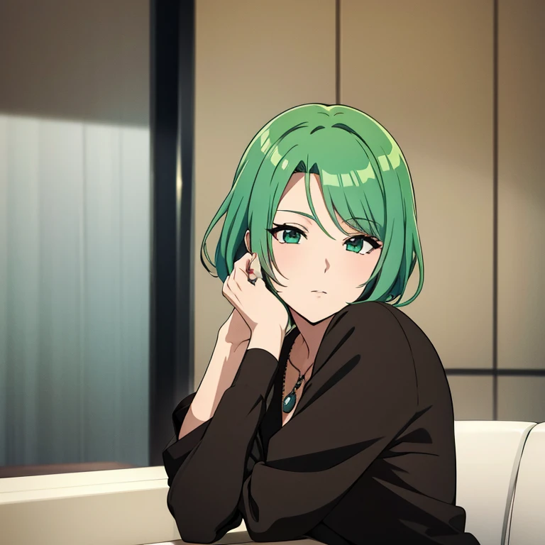 Imagen estilo anime de una milf de cabello corto y verde que esta sentada en una sala