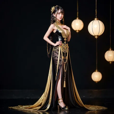 full body xianxia, a beautiful fantasy empress, kangxi from kawaii strike,a woman in a black and gold outfit,anime goddess, long...