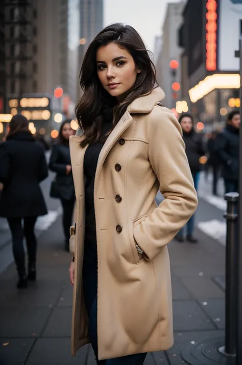 full body, 27 years old women, ultra realistic, lovely brunette hair, good hair style gorgeous, luxury designer stylish winter coat clothing, stylish coat clothing, winter wear clothing gorgeous girl, in the city, New York (masterpiece), best quality, high...