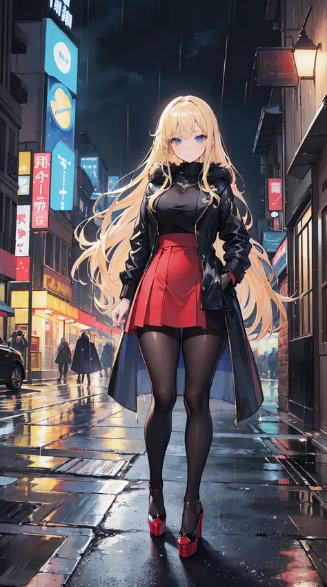 ((masterpiece, high resolution, best quality, best details, anime)), a mature woman standing on the street, winter coat, black pantyhose, pumps platform high heels, short skirt, long hair, blonde hair, blue eyes, cityscape, rain, at night, curvy body,