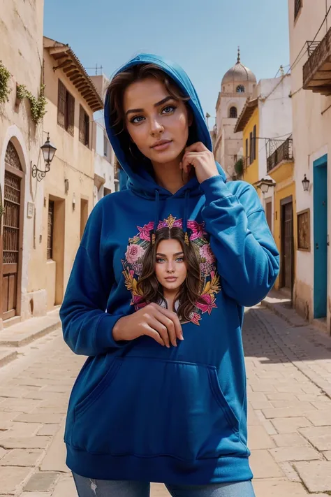 Instagram-Models posieren in Fes, in colorful hoodie, full entire body, beautiful detailed eyes, beautifully detailed lips, extremely detailed eyes and face, kurzes, welliges rosa Haar ((best qulaity)), ((Meisterwerk)), (detailliert), perfektes Gesicht, fu...