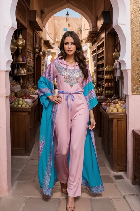 Instagram-Models posieren in Marakesh souk, in colorful futurisic kaftan hoodie, full entire body, beautiful detailed eyes, beautifully detailed lips, extremely detailed eyes and face, kurzes, welliges rosa Haar ((best qulaity)), ((Meisterwerk)), (detailli...