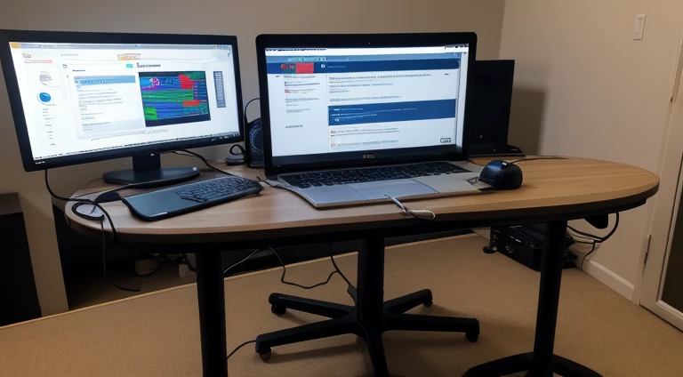 Computer table of a cyber security expert with 2 adjacent monitors, large circular table, chair with head support, backlit keyboard, podcast microphone with stand, ultra modern creative design, computer nerd, usb hub, web camera, photo taken from the back ...