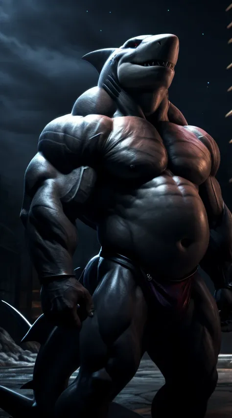 A shark man, strong beefy upper body, muscular, musclegut, illustration, (best quality, 4k, highres, masterpiece:1.2), ultra-detailed, realistic, horror, sharp focus, vivid colors, nighttime lighting, buff, proporcional body