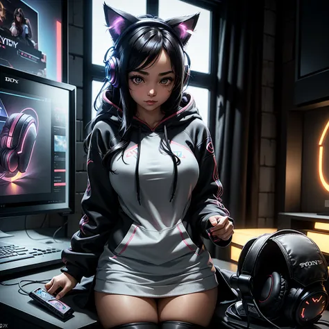 1girl, beautiful girl, very long curly black hair, hazel eyes, cute cat ears , wearing gaming hoodie ,she is a gamer , wearing h...