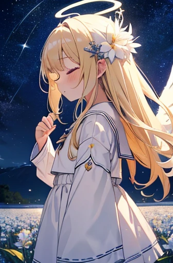 little girl, blonde,
best quality, masterpiece, ultra detailed, from side, cute girl, cowboy shot, angel wings, angel halo, very long white hair, closed eyes, white sailor suit, flower hair ornament on left side, starry sky, flower field, outdoors