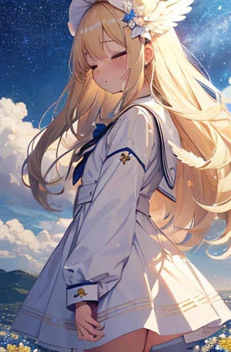 little girl, blonde,
best quality, masterpiece, ultra detailed, from side, cute girl, cowboy shot, angel wings, angel halo, very long white hair, closed eyes, white sailor suit, flower hair ornament on left side, starry sky, flower field, outdoors